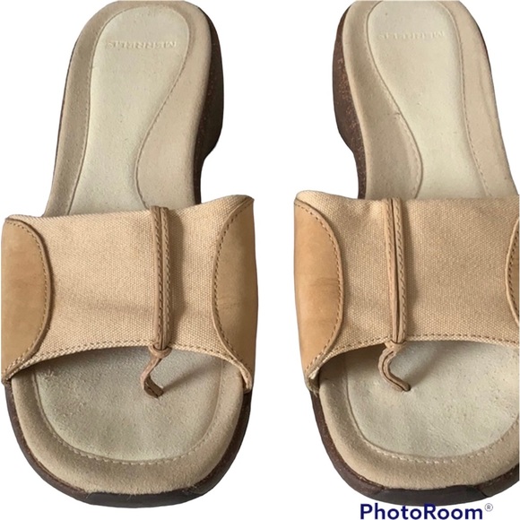 Merrell Shoes - Merrell Sundial Cross Sandals Beige Leather Wedge Slip On Shoes Women's 8